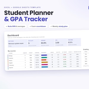 Student GPA Tracker, Exam Countdown, Weekly Study Plan (Digital Download)