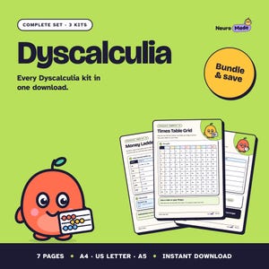 May include: A digital educational kit for dyscalculia featuring a cartoon orange character holding an abacus. The set includes three printable sheets with a Times Table Grid and Money Ladder, labelled as a complete set with 7 pages in A4, US Letter, and A5 sizes.