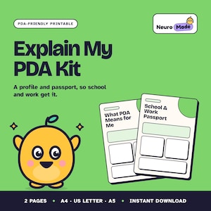 Puede incluir: Un kit imprimible digital verde titulado Explain My PDA Kit con un personaje de dibujos animados, que incluye dos plantillas de documentos blancos etiquetados What PDA Means for Me y School & Work Passport, con 2 páginas, A4, US Letter, A5.