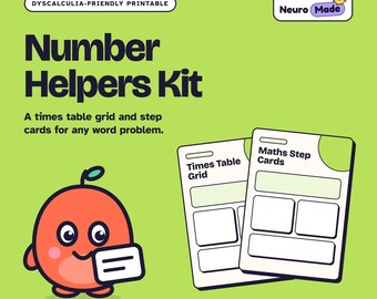 Dyscalculia Times Table Grid, Maths Step Cards, Word Problem Helper | Number Helpers Kit | Dyscalculia Printable PDF, A4 Letter A5 Download