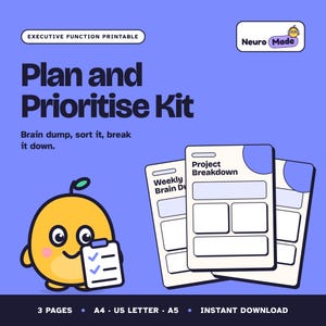 Executive Function Planner Printable, Brain Dump, Prioritise Matrix | Plan and Prioritise Kit | Printable PDF, A4 Letter A5 Instant Download image 1