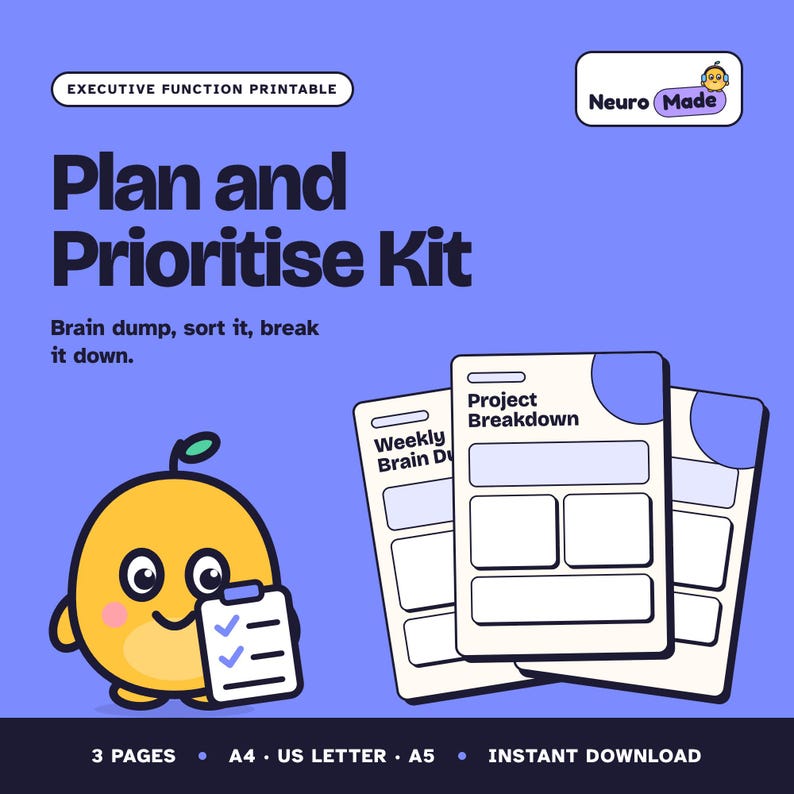Executive Function Planner Printable, Brain Dump, Prioritise Matrix | Plan and Prioritise Kit | Printable PDF, A4 Letter A5 Instant Download image 1