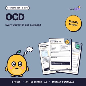 May include: A digital OCD kit bundle featuring three sets of printable worksheets. The graphic includes a yellow cartoon character, text reading OCD, Complete Set, 3 Kits, Neuro Made, and Bundle & Save. The pages include How to Help Me.