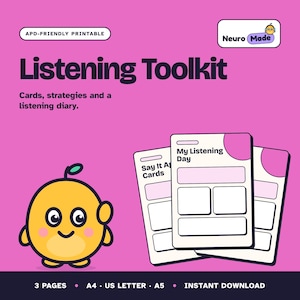 Könnte beinhalten: Ein rosa druckbares Listening Toolkit mit einer gelben Zeichentrickfigur, Karten, Strategien und einem Hör-Tagebuch. Der Text umfasst APD-Friendly Printable, Neuro Made, Listening Toolkit, My Listening Day und Say It Again Cards.