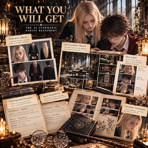May include: A digital blueprint guide titled WHAT YOU WILL GET THE AI CINEMATIC SERIES BLUEPRINT, featuring character sheets, environment sheets, shot cards, full episode prompts, story breakdowns, and cinematic techniques for film production.