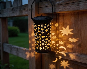 2psc Solar powered hollow star moon projection lamp, courtyard garden iron hollow small  light