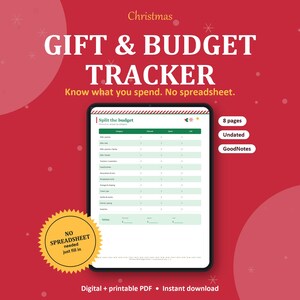 Puede incluir: Un rastreador digital de regalos y presupuesto navideño en una pantalla de tableta. La interfaz muestra una tabla titulada Split the budget con columnas para categoría, planeado, gastado y restante. El texto incluye 8 pages, Undated, GoodNotes y una insignia amarilla que dice NO SPREADSHEET needed just fill in.