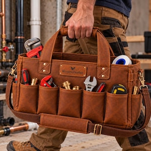 May include: A brown leather tool bag featuring multiple exterior pockets filled with various metal tools, including wrenches and screwdrivers. A leather patch on the front is embossed with the text WyveronLeather. The bag has a shoulder strap.