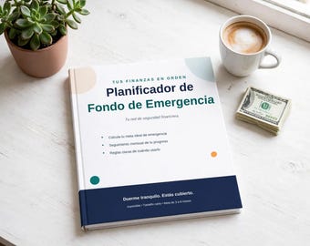 May include: A white financial planner titled Planificador de Fondo de Emergencia with dark blue accents. The cover features text including Tu red de seguridad financiera, bullet points, and the phrase Duerme tranquilo. Estás cubierto.