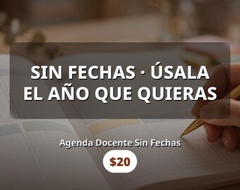 May include: An undated teacher planner with grid pages, featuring the Spanish text "MAESTRA ORGANIZADA · DESCARGADIRECTA", "SIN FECHAS · ÚSALA EL AÑO QUE QUIERAS", "Agenda Docente Sin Fechas", and "DESCARGA INSTANTÁNEA · IMPRIMIBLE" printed on the image.