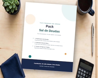 May include: A white document titled Tus Finanzas en Orden Pack Sal de Deudas with a list of three financial tools, including a debt planner, snowball calendar, and card payment tracker, accented by colorful circles and a dark blue footer.