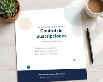 May include: A white document titled Control de Suscripciones with dark blue and green text, featuring bullet points for tracking expenses, decorated with abstract circles in peach, blue, and green, and a dark blue footer bar.