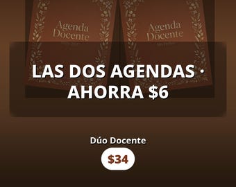 May include: Two brown digital teacher planners with floral borders and the text Agenda Docente. One planner is dated 2026-2027, and the other is undated. The image includes the text Maestra Organizada, Descargadirecta, Las Dos Agendas, Ahorra $6, Dúo Docente, $34, Descarga Instantánea, and Imprimible.