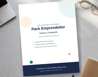 May include: A white document titled Pack Emprendedor with dark blue text and accents. It includes the headings Tus Finanzas en Orden and Factura + Cotización, with bullet points listing invoice and quote templates for business use.