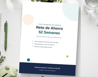 May include: A white financial savings challenge sheet titled Reto de Ahorro 52 Semanas with dark blue and green text. The document features bullet points, circular graphic accents in peach, blue, and orange, and a dark blue footer section.