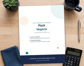 May include: A white document titled Tus Finanzas en Orden Pack Negocio with dark blue text and circular accents in peach, light blue, orange, and teal. The document lists Factura + Cotización and Control de Caja Diaria as key features.