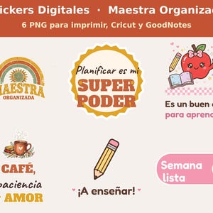 Digital Stickers for Teachers | Pack of 6 PNG Organized Teacher Stickers | Retro and Kawaii for Printing, Cricut and GoodNotes