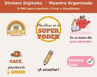 Stickers Digitales para Maestras | Pack de 6 PNG Maestra Organizada | Retro y Kawaii para Imprimir, Cricut y GoodNotes