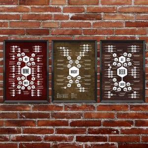 May include: Three framed posters with a vintage look, each featuring a different type of alcoholic beverage: wine, whisky, and beer. The posters are arranged in a row on a brick wall.