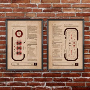 May include: Two framed vintage-style posters with illustrations of a roulette wheel and a craps table. The posters are titled "Roulette" and "Craps" and include information about the games, including table structure, bets, terminology, odds, and history.
