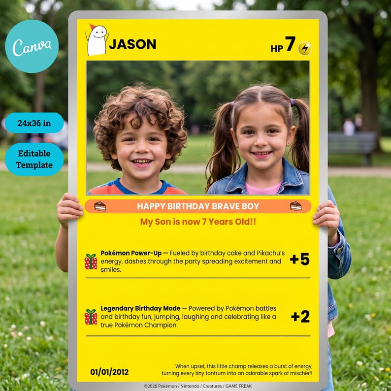 Pokemon Photo Props Editable Pokémon Birthday Photo Frame Canva Template, 24x36 Yellow ...