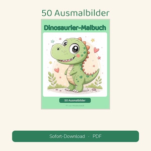 Puede incluir: Una portada de libro para colorear digital titulada 50 Ausmalbilder y Dinosaurier-Malbuch que muestra un dinosaurio de dibujos animados verde con manchas, rodeado de peque&ntilde;as estrellas y corazones, con el nombre M. von Wedelstaedt.