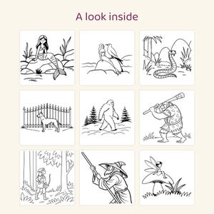 May include: A grid of nine black and white line art illustrations titled A look inside. The images depict a mermaid, a mermaid with a bird, a snake, a dog by a fence, a yeti, a caveperson with a club, an archer, a wizard, and a fairy on a mushroom.