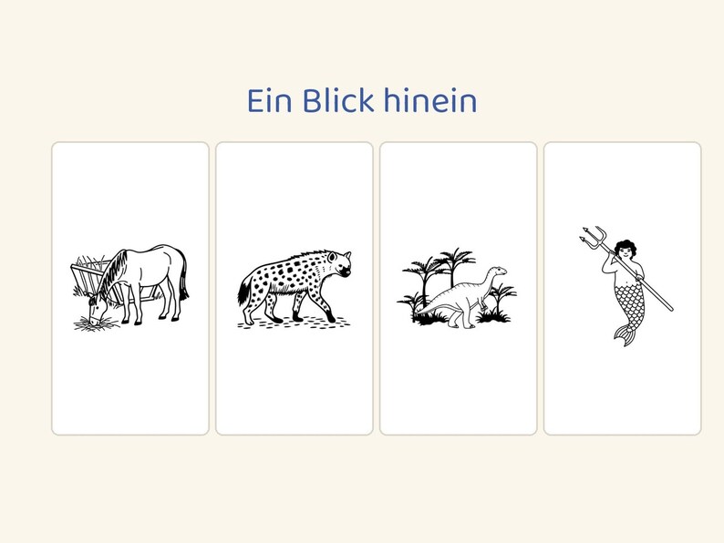 Op de afbeelding: Vier rechthoekige kaarten met zwarte lijntekeningen op een witte achtergrond. De kaarten tonen een paard dat hooi eet, een gevlekte hyena, een dinosaurus in een landschap en een zeeman met een drietand. De tekst "Ein Blick hinein" staat bovenaan.