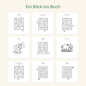 May include: A grid of nine activity pages titled Ein Blick ins Buch, featuring black and white line art. The pages contain various mazes with small character icons and illustrations of an elephant spraying water and a rhinoceros in grass.
