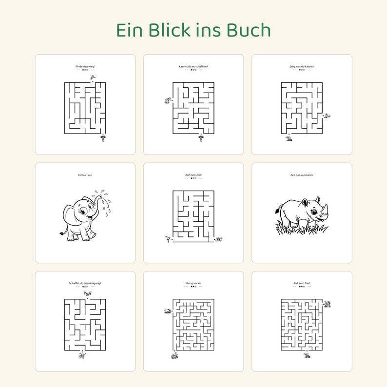 May include: A grid of nine activity pages titled Ein Blick ins Buch, featuring black and white line art. The pages contain various mazes with small character icons and illustrations of an elephant spraying water and a rhinoceros in grass.