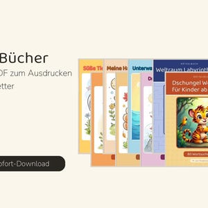 Puede incluir: Una colecci&oacute;n de 35 libros PDF imprimibles en formato US Letter, con portadas coloridas que muestran ilustraciones de animales, naturaleza y temas espaciales, incluido un libro de sopas de letras de la selva.