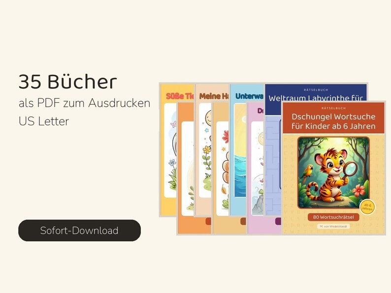 Puede incluir: Una colecci&oacute;n de 35 libros PDF imprimibles en formato US Letter, con portadas coloridas que muestran ilustraciones de animales, naturaleza y temas espaciales, incluido un libro de sopas de letras de la selva.