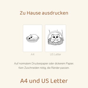 Puede incluir: Un documento digital imprimible con dos ilustraciones de l&iacute;neas en blanco y negro: un gato en una cesta y un h&aacute;mster en una madriguera. El texto dice: Zu Hause ausdrucken, A4, US Letter, Auf normalem Druckerpapier oder dickerem Papier. Kein Zuschneiden n&ouml;tig, die R&auml;nder passen. A4 und US Letter.