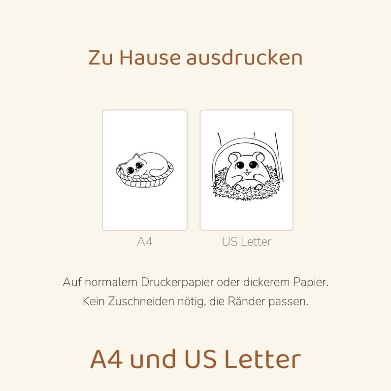 Puede incluir: Un documento digital imprimible con dos ilustraciones de l&iacute;neas en blanco y negro: un gato en una cesta y un h&aacute;mster en una madriguera. El texto dice: Zu Hause ausdrucken, A4, US Letter, Auf normalem Druckerpapier oder dickerem Papier. Kein Zuschneiden n&ouml;tig, die R&auml;nder passen. A4 und US Letter.