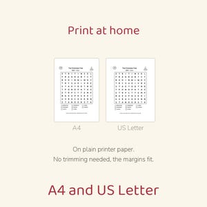 May include: Two printable word search puzzle sheets titled The Christmas Tree, one in A4 and one in US Letter format. Each sheet features a grid of letters, a list of words to find, and a small tree icon. Text includes Print at home, A4, US Letter, and On plain printer paper. No trimming needed, the margins fit.