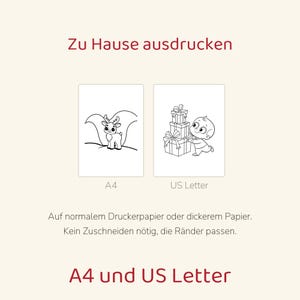 May include: Two printable coloring pages featuring black and white line art. One page shows a reindeer, the other a child with gift boxes. Text includes "Zu Hause ausdrucken", "A4", "US Letter", and "A4 und US Letter".