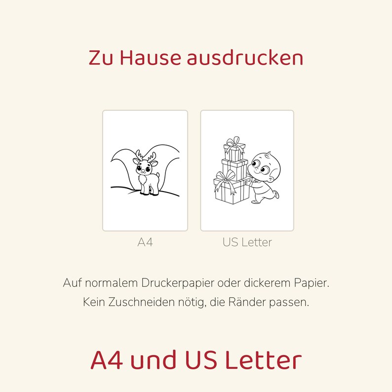 May include: Two printable coloring pages featuring black and white line art. One page shows a reindeer, the other a child with gift boxes. Text includes "Zu Hause ausdrucken", "A4", "US Letter", and "A4 und US Letter".