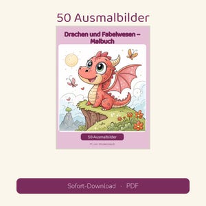 Puede incluir: Un libro para colorear titulado 50 Ausmalbilder Drachen und Fabelwesen &ndash; Malbuch de M. von Wedelstaedt. La portada muestra un drag&oacute;n rojo con alas sentado en un acantilado, rodeado de flores, mariposas y un sol en el cielo.