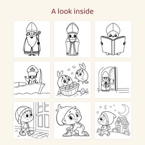 May include: A coloring book page titled A look inside featuring nine black and white line art illustrations of Saint Nicholas, birds with eggs, and a child in various scenes including a boat, a doorway, and a night setting with a house.