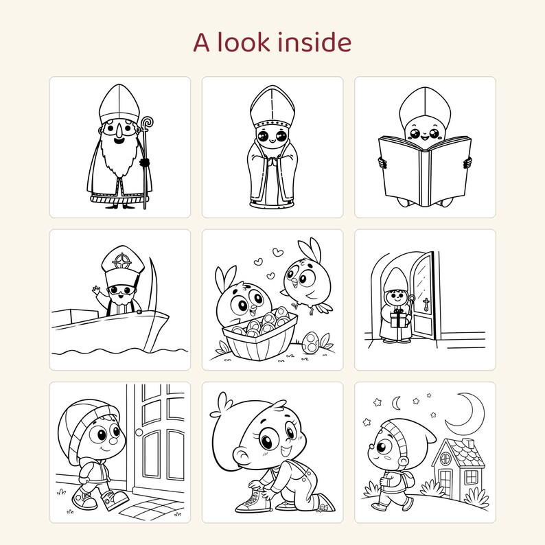 May include: A coloring book page titled A look inside featuring nine black and white line art illustrations of Saint Nicholas, birds with eggs, and a child in various scenes including a boat, a doorway, and a night setting with a house.