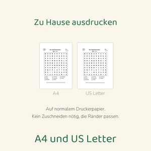 May include: A printable word search puzzle sheet titled Der Stachelschwanz featuring a grid of letters and a list of words to find. The document is available in A4 and US Letter formats, with text indicating it can be printed at home.