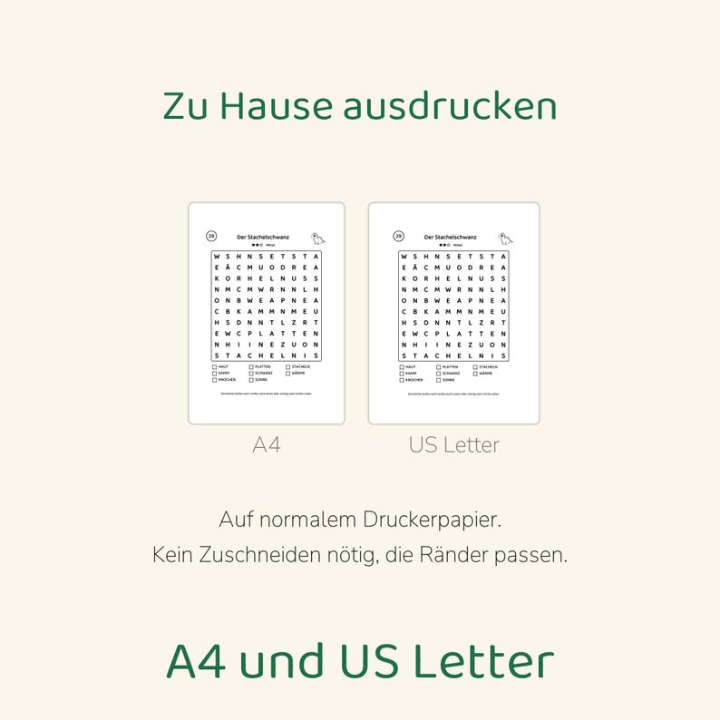 May include: A printable word search puzzle sheet titled Der Stachelschwanz featuring a grid of letters and a list of words to find. The document is available in A4 and US Letter formats, with text indicating it can be printed at home.