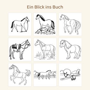 May include: A grid of nine black and white line art illustrations featuring horses in various poses, including a saddled horse, a horse on rocks, and a horse in a field. The text Ein Blick ins Buch is centred at the top of the page.