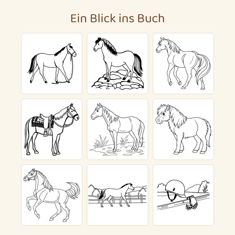 May include: A grid of nine black and white line art illustrations featuring horses in various poses, including a saddled horse, a horse on rocks, and a horse in a field. The text Ein Blick ins Buch is centred at the top of the page.