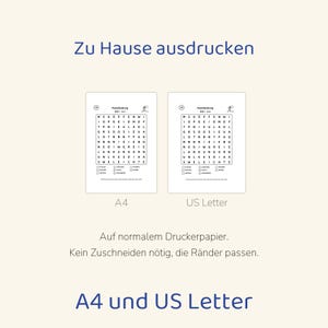 Puede incluir: Dos hojas de sopa de letras imprimibles etiquetadas como A4 y US Letter. El texto dice Zu Hause ausdrucken, Mondlandung, Auf normalem Druckerpapier. Kein Zuschneiden n&ouml;tig, die R&auml;nder passen, y A4 und US Letter. Los rompecabezas presentan una cuadr&iacute;cula de letras y una lista de palabras para encontrar.