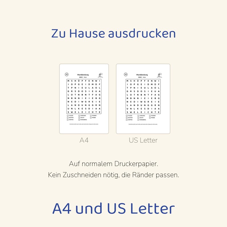 Puede incluir: Dos hojas de sopa de letras imprimibles etiquetadas como A4 y US Letter. El texto dice Zu Hause ausdrucken, Mondlandung, Auf normalem Druckerpapier. Kein Zuschneiden n&ouml;tig, die R&auml;nder passen, y A4 und US Letter. Los rompecabezas presentan una cuadr&iacute;cula de letras y una lista de palabras para encontrar.