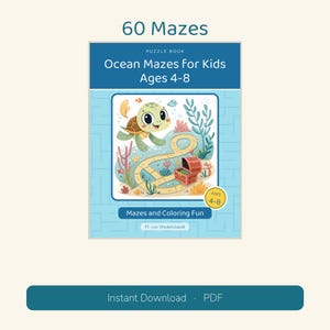May include: A puzzle book titled 60 Mazes Ocean Mazes for Kids Ages 4-8 with a light blue cover. The front features a cartoon sea turtle, a treasure chest, and coral. It includes the text Mazes and Coloring Fun and M. von Wedelstaedt.