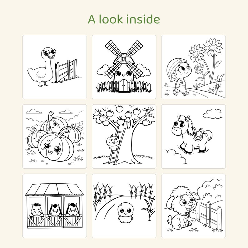 May include: A coloring book page titled A look inside featuring nine black and white line art illustrations of farm scenes including a goose, a windmill, a child with sunflowers, pumpkins, a person on a ladder, a horse, animals in a barn, a small character in a field, and a sheep.