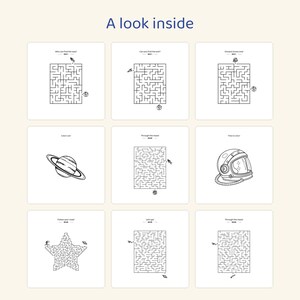 May include: A collection of nine square activity pages titled A look inside, featuring black and white line art. The pages include various rectangular and star-shaped mazes, a planet with rings, and an astronaut helmet for coloring.