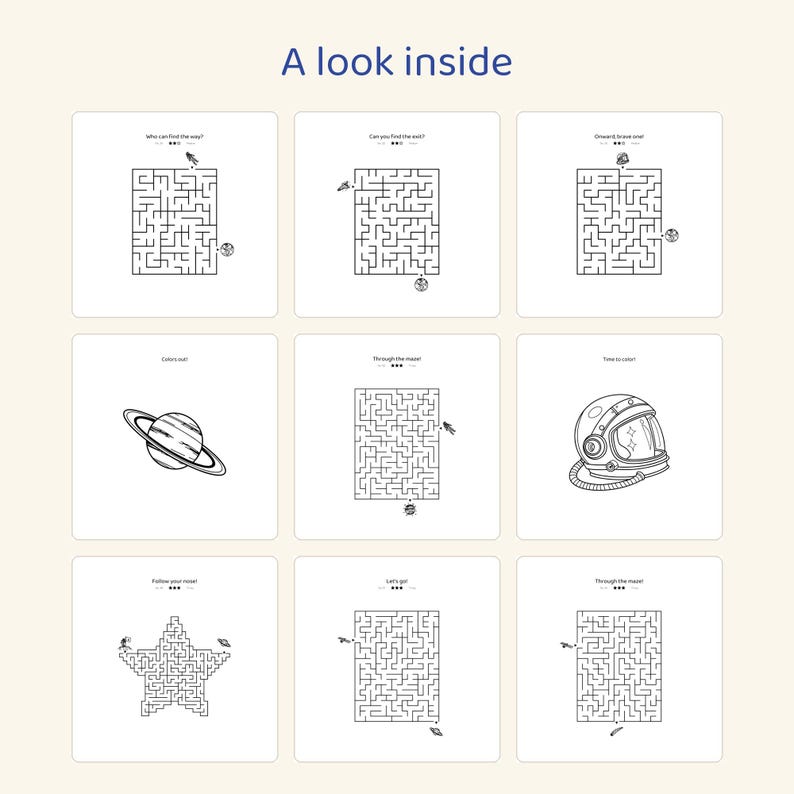 May include: A collection of nine square activity pages titled A look inside, featuring black and white line art. The pages include various rectangular and star-shaped mazes, a planet with rings, and an astronaut helmet for coloring.